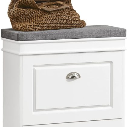 Narrow Shoe Storage Bench with Seat Cushion, Flip Drawer, 2-Tier Rack, 150kg Load Capacity, Compact Hallway Unit for Small Spaces, White