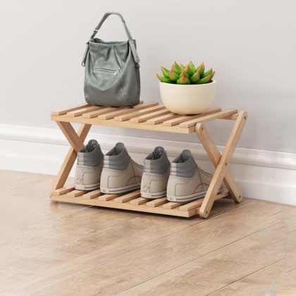 2 Tier Bamboo Folding Shoe Rack, No Installation Needed, for Small Spaces