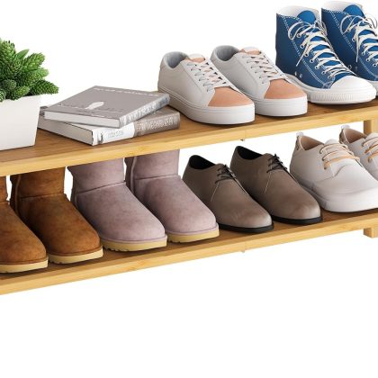 2-Tier Bamboo Extended Shoe Rack, Stackable Shoe Shelf Storage Organizer for Hallway Closet Entryway (Natural)