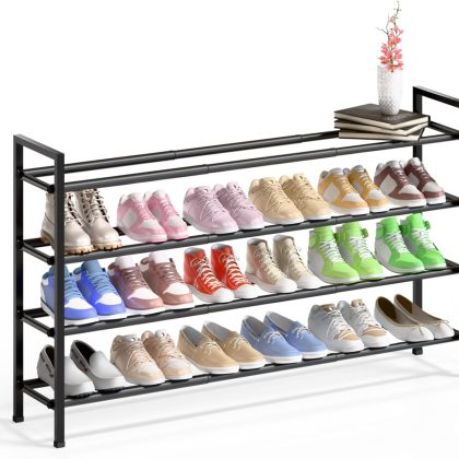 4-Tier Long Expandable Shoe Rack, Adjustable Shoe Organizer Shelf, Metal Free Standing Storage for Small Space, Hallway, Black