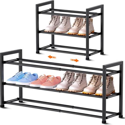 3-Tier Expandable Shoe Rack, Adjustable Shoe Organizer Shelf, Metal Free Standing Shoe Storage for Small Space, Hallway