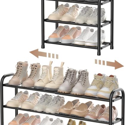 3-Tier Expandable Shoe Rack, Adjustable Metal Shelf for Closet, Small Space Entryway Storage