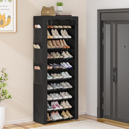 Shoe Rack 10-Tier Tall, Holds 36-41 Pairs, 6 Large Pockets, Dustproof Storage with Cover, Sturdy Black Organizer