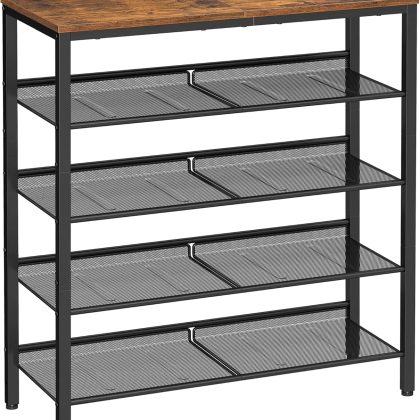 5-Layer Shoe Rack with Mesh Shelves, Large Top, Space Saving for Entryway, Rustic Brown and Black